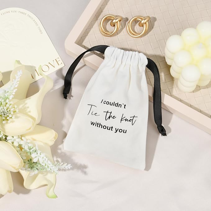 CEELGON 8 Pcs Drawstring Jewelry Pouch Bridesmaid Gift Bags Linen Cotton Fabric Wedding Bridal Party Favor Bags Bachelorette Tie The Knot Earring Packaging Proposal Gift (White)
