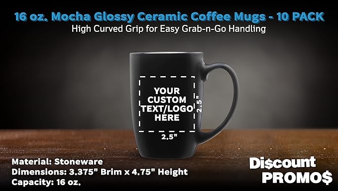 DISCOUNT PROMOS 10 Large Mocha Glossy Ceramic Coffee Mugs Set, 16 oz. - Customizable Text, Logo - Stoneware, Smooth, Durable, C-handle - Black