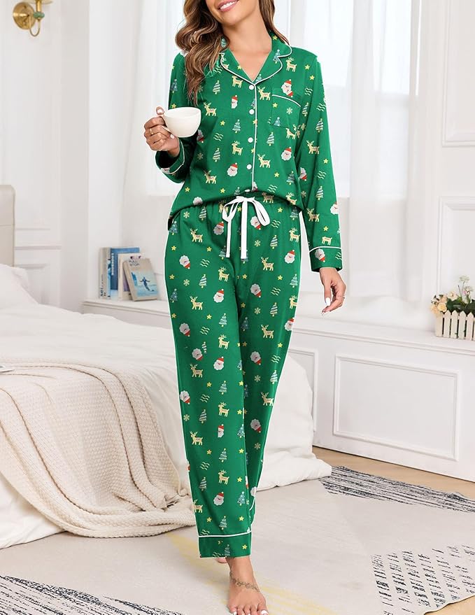 Veseacky 100% Cotton Pajamas for Women Set Long Sleeve Button Down Sleepwear Soft Pjs Lounge Sets with Pockets S-XXL