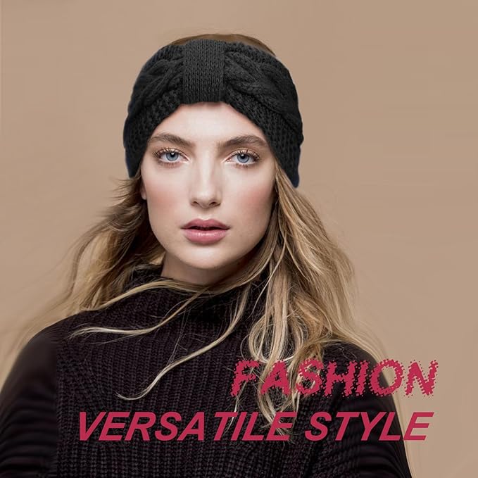 AQOKKA Knit Winter Headbands for Women Fuzzy Wool Fleece Lined Ear Warmers Elastic Turban Crocheted Head Wrap Winter Accessories for Women Cold Weather