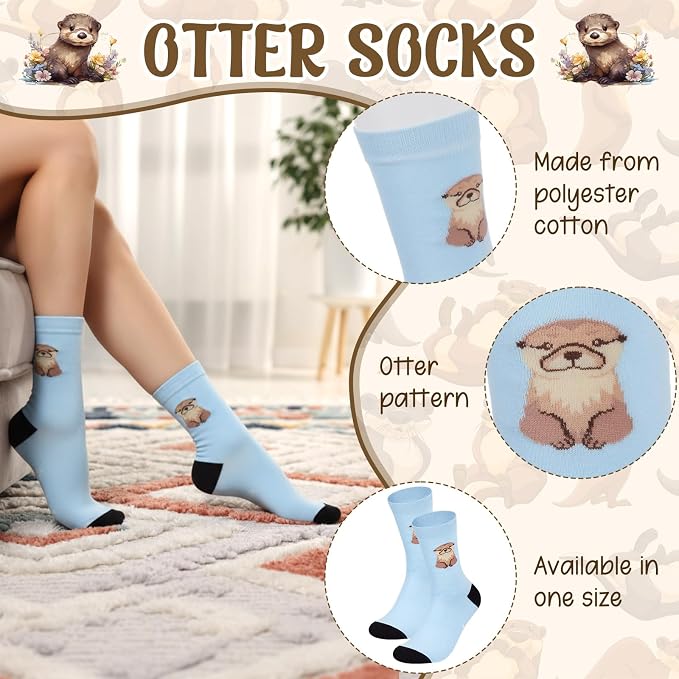 Talltalk 6 Pcs Otter Gifts for Women Sea Otter Lover Gifts Set, Socks Canvas Bag Makeup Bag Spiral Notebook Ballpoint Pen and Stainless Steel Keychain for Christmas Birthday Graduation Thanksgiving