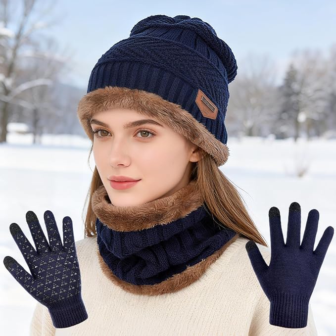 Winter Beanie Hat Scarf Glove Set for Women Snow Knit Thick Fleece Lined Ski Hat,Mens Warm Neck Warmer Touchscreen Mittens