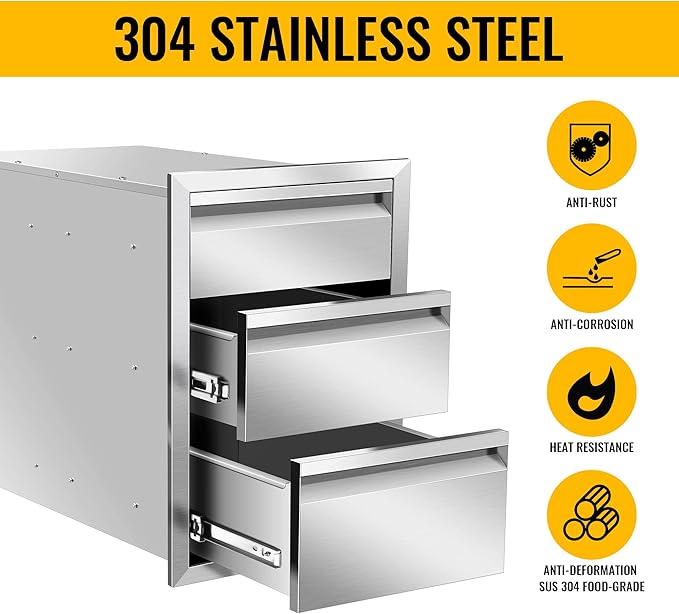 Outdoor Kitchen Drawers Stainless Steel 18W X 24H X 23D Inch, Flush Mount Triple BBQ Island Drawers with Hidden Handle for Outdoor Kitchens, Patio or Grill Station