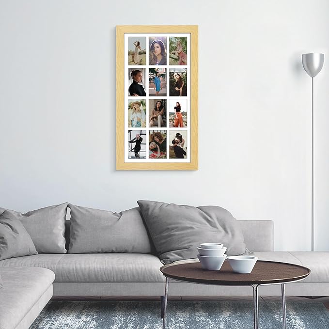 13x25 Picture Frame Display 12 opening 4X6 Picture Frame Collage,Multi Photo Frame with Mat,Plexiglass,Wall Mount Decor,Natural Wood Grain