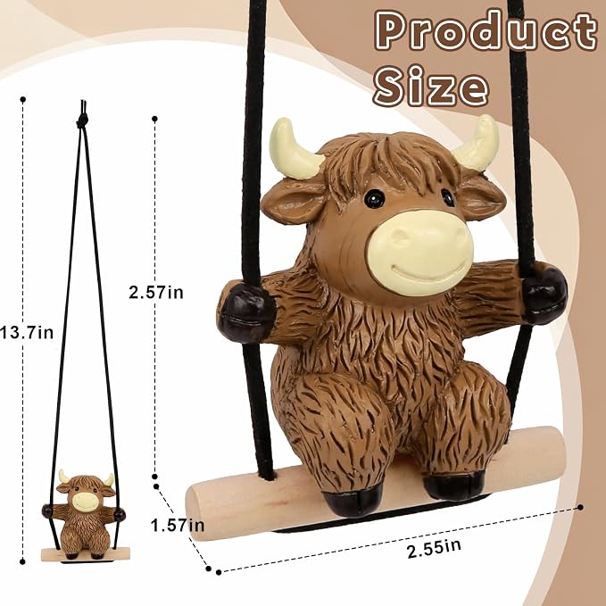 YGMONER Swinging Highland Cow Car Hanging Ornament – Holiday Favorite Farm Animal, Funny Rear View Mirror Hanging Accessories, Ideal Gift for Animal Lovers (Highland Cow)