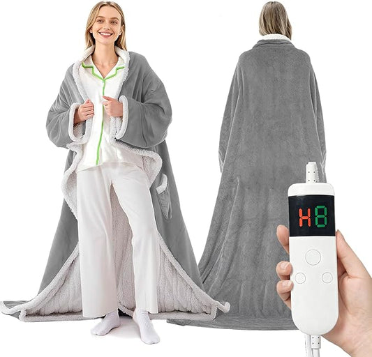 Wearable Heated Blanket With Sleeves & Foot Pocket, Heated Throw Blankets Fast Heating Blanket With 10 Heat Settings Auto Shut Off Over-Heat Protection-Warm Gift, Machine Washable, 52”*72”+18”