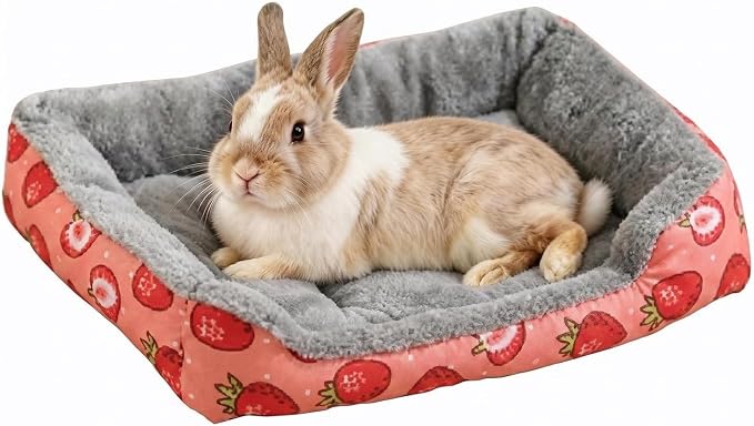 Bunny Bed, Pink Strawberry Plush Rabbit Guinea Pig Bed with Non Slip Bottom, Cozy Bed for Ferret Hamster and Other Small Animals