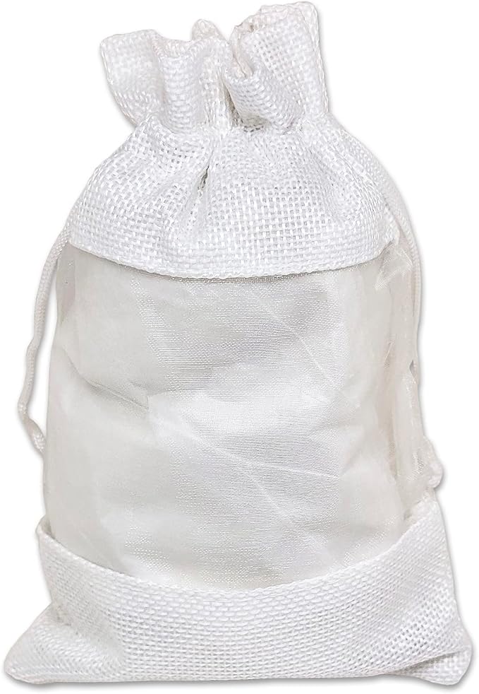 12-Pack Medium Linen Burlap & Organza Gift Bags w. Drawstrings (5x7 in, White) - Party Favors, Presents, Samples & Treats Mesh Pouch by The Display Guys