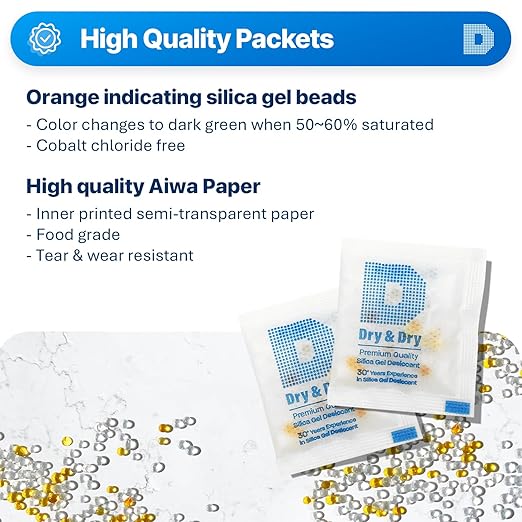 Dry & Dry 3 Gram[200 Packets] Orange Indicating Silica Gel Packets Desiccant Dehumidifiers - Food Safe Silica Packs, Silica Gel, Moisture Absorbers, Silica Packets, Desiccant Packs