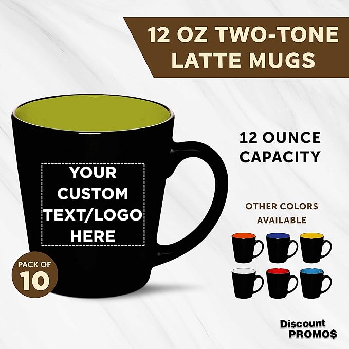 Custom Ceramic Coffee Latte Mugs 12 oz. Set of 10, Personalized Bulk Pack - Perfect for Coffee, Tea, Espresso, Hot Cocoa, Other Beverages - Lime Green