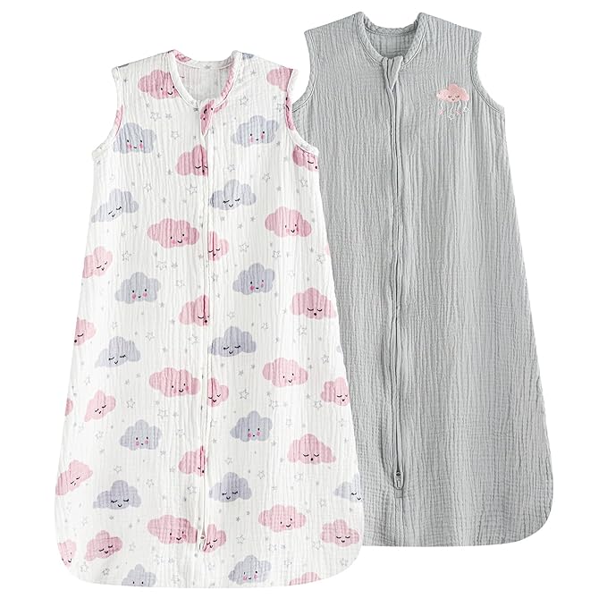 PHF 100% Muslin Cotton Baby Sleep Sack, 18-24 Months Baby Wearable Blanket with 2-Way Zipper, 2 Pack Soft Breathable Cooling 0.5 TOG X-Large Size Sleeveless Sleeping Bag for Boys/Girls, Clouds