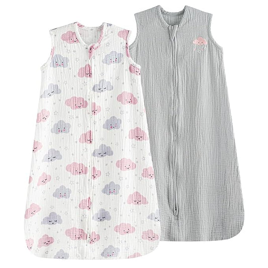 PHF 100% Muslin Cotton Baby Sleep Sack, 18-24 Months Baby Wearable Blanket with 2-Way Zipper, 2 Pack Soft Breathable Cooling 0.5 TOG X-Large Size Sleeveless Sleeping Bag for Boys/Girls, Clouds