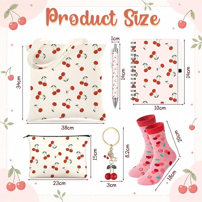 Talltalk 6 Pcs Cherry Gifts for Women Cherry Lover Gift Set, Socks Canvas Bag Makeup Bag Spiral Notebook Ballpoint Pen and Stainless Steel Keychain for Christmas Birthday Graduation Thanksgiving