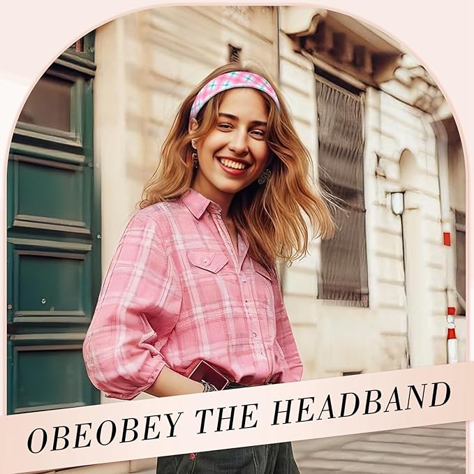 obeoby Pink Stripe Headbands for Girls Gift, 1 inch Wide Trendy Headband Non Slip for Everyday Styling Casual Outings(5Pcs)