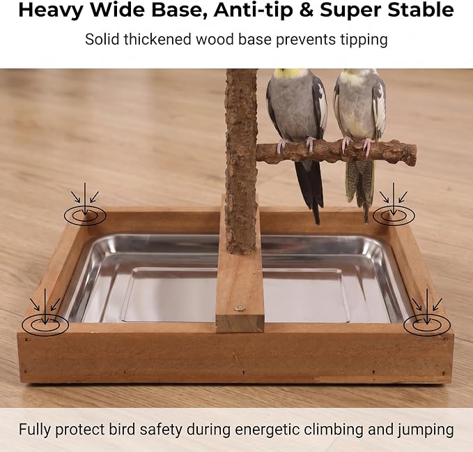 Natural Wood Bird Playground Stand,Bird Perch，Cockatiel Playground | Natural wooden bird stand, playground for small medium birds, feed cups, chew toys and practical removable tray