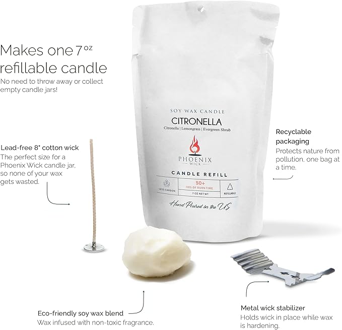 Phoenix Wick Candle Making Kit – Transform Anything Into A Candle – Candle Making Kit with Wick + 7oz Wax (Citronella Scent)