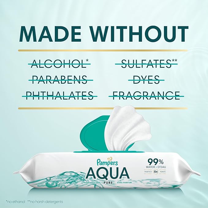 Pampers Aqua Pure Baby Wipes, 99% Water, Fragrance Free, 896 Baby Wipes Total (16X Flip-Top Packs) [Packaging May Vary]