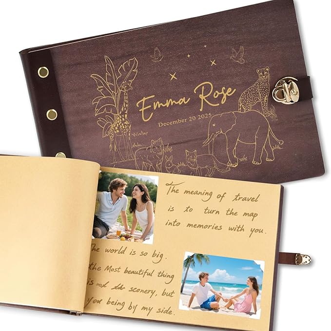 Personalized Photo Album 4x6 Pictures - Wooden Photo Album Book - Custom Family Scrapbook Album,Baby Album and Memory Book - Unique Gift for Wedding Kids Travel Family Birthday