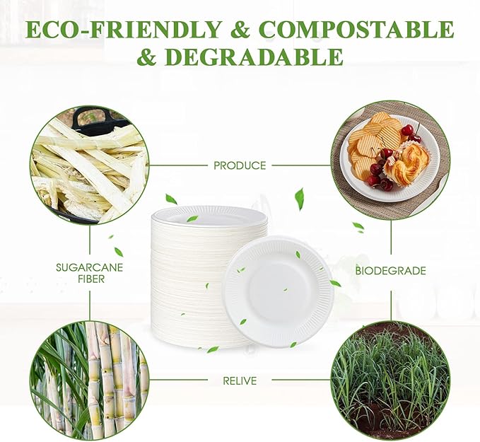 Vplus 100% Compostable Small Paper Plates, 300 Pack 6 Inch Disposable Paper Plates, Uncoated Biodegradable, Made of Sugar Cane Fibers, Perfect for Sandwich, Cake, and Snack