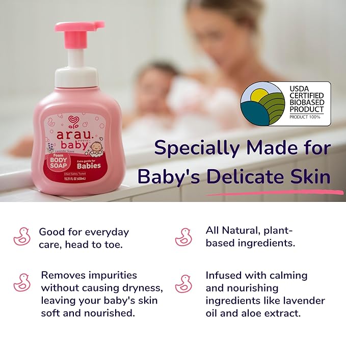 Arau Baby Essentials Bundle - Laundry Soap, Foam Body Soap, Foam Bottle Wash - Soap Based Products, Gentle on Skin, Cleans Well, Rinses Using Less Water, Perfect for Gifting, Baby Showers, and More