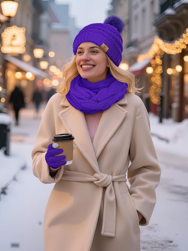 URATOT 4-In-1 Winter Warm Sets Knitted Scarf Touch Screen Gloves Beanie Pompom Hat and Winter Ear Warmer for Men or Women