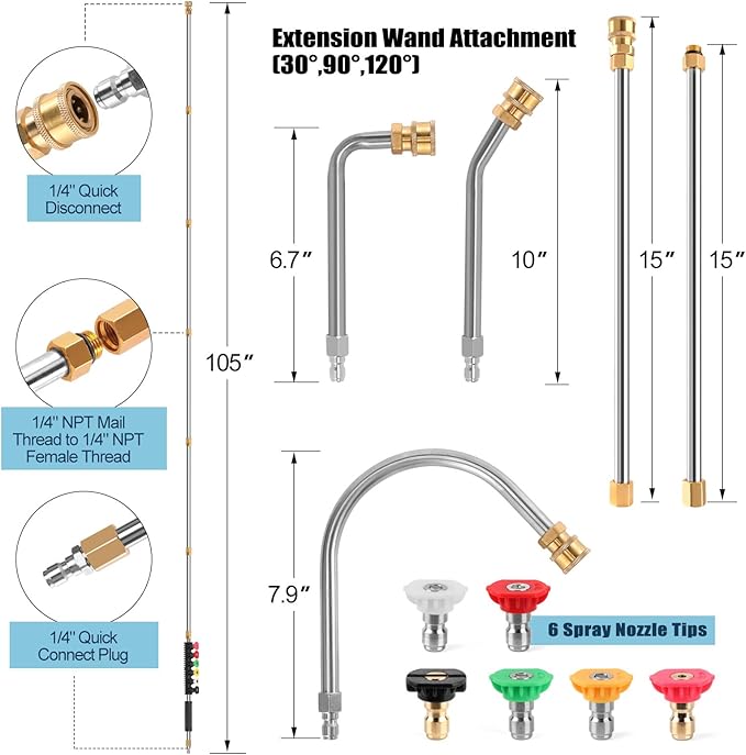 10 Pack 9 FT Gutter Cleaning Tools from the Ground, Pressure Washer Gutter Cleaner Attachment for Pressure Washer Wand with 6 Pressure Washer Nozzle Tips, 30°, 90°, 120° Gutter Cleaner Curved Rod