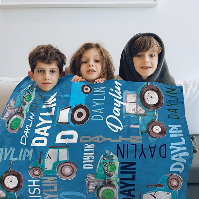 Personalized Tractors Blanket - Custom Name with Farm Tractor Trucks Design - Soft Plush Flannel Bed Blanket for Baby Kid Teen Boys Girls Customized Gifts Blue