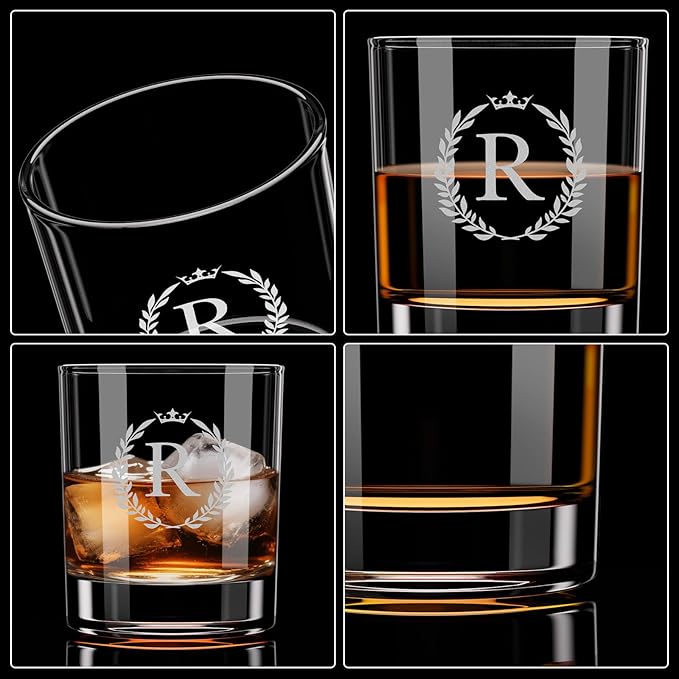 Personalized Whiskey Glasses Gifts for Men, Monogrammed Engraved A-Z 10.6 oz Rocks Glass Customized Gift, Unique Christmas Birthday Gifts for Men Him Dad Husband Brother Son (R)