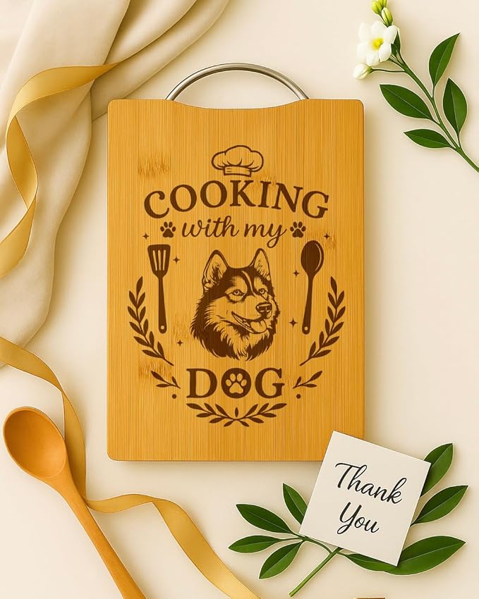 Cooking with My Dog – Engraved Bamboo Cutting Board, Gift for Dog Lovers, Handmade Kitchen Decor, Unique Personalized Dog Gift (Husky)