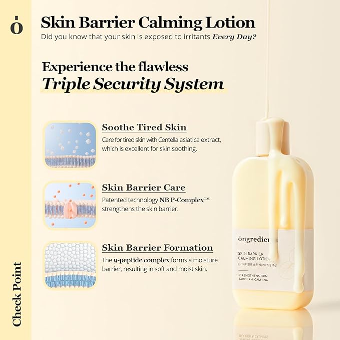ONGREDIENTS Skin Barrier Calming Lotion | Lightweight Moisturizer for Dry, Sensitive Skin | Centella, 9-Peptide Complex, Glucose, Soothing, Calming, Hydrating | Vegan, Korean Skin Care (2.70 fl Oz)