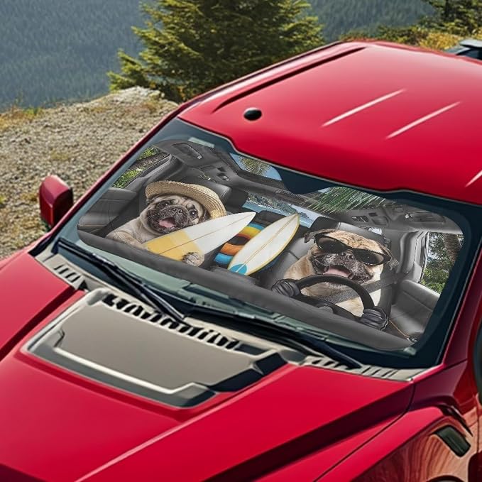Cute Pug Car Windshield Sun Shade Easy Installation Foldable Funny Front Windshield Sun Visor Protector Universal Auto Sun Shade Easy Storage Automotive Interior Cover