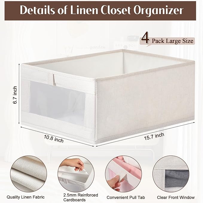 4 Pack Linen Organizers and Storage, Closet Storage Bins Linen Closet Baskets for Organization Foldable Organizer Bins with Clear Window for Organizing Clothing, Beige