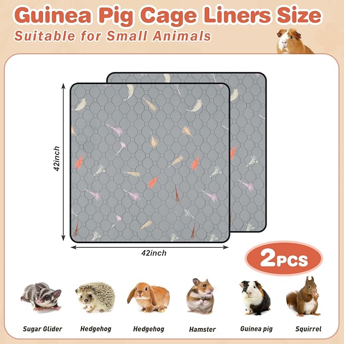 2Pcs Guinea Pig Cage Liners,Guinea Pig Fleece Cage Liners42''X42'' Super Absorbent Washable Pee Pads Reusable for Rabbit Hamster Chinchilla