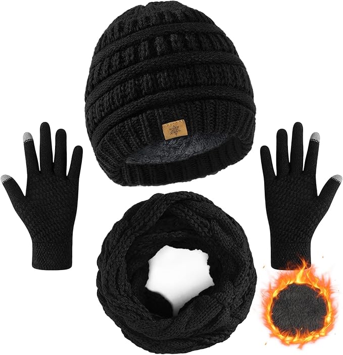Winter Beanie Hat Scarf Gloves Set, Winter Clothes for Women, Fleece Lined Hats Touchscreen Gloves Thick Neck Warmer