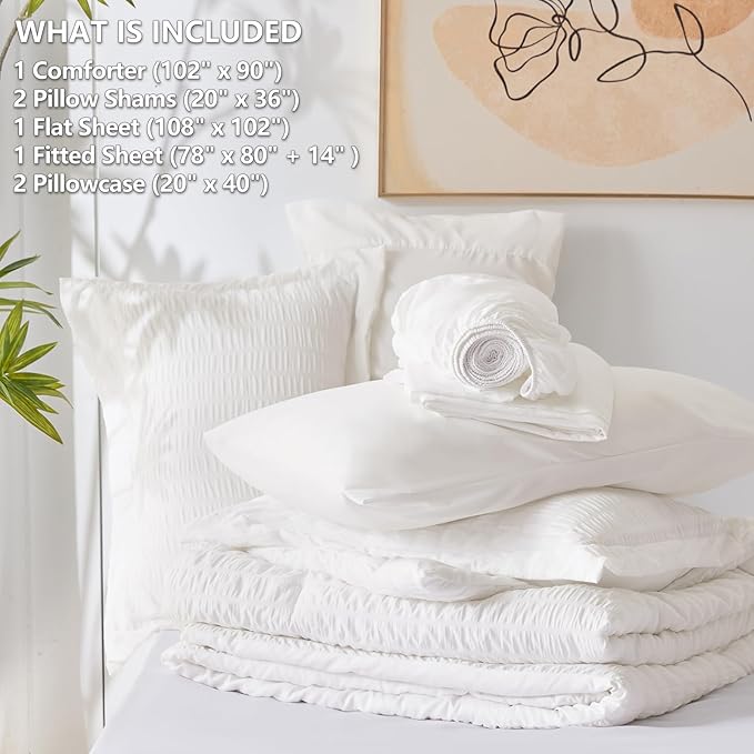 CozyLux King Size Comforter Set White Seersucker 7 Pieces Bed in a Bag King Comforter Set with Sheets, Luxury Soft Bedding Set with Down Alternative Comforter, Sheets, Pillowcases & Shams All Seasons