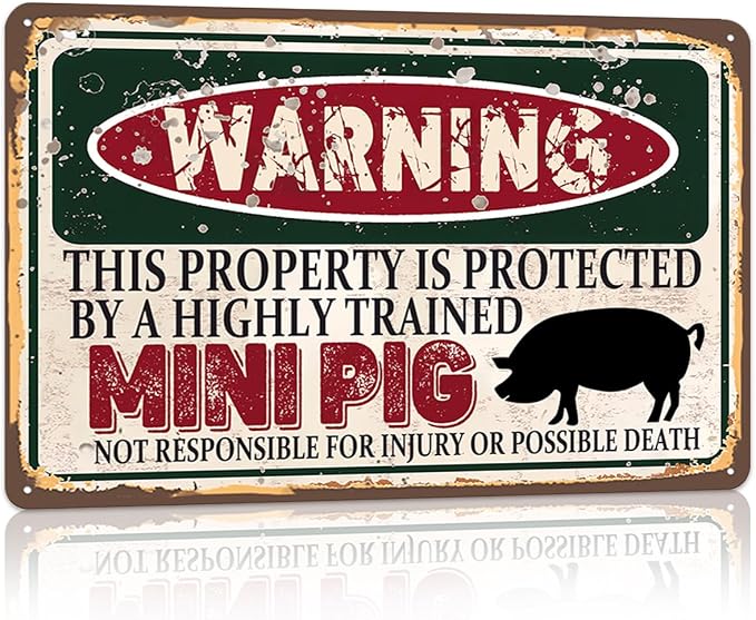 Vintage Mini Pig Metal Sign Wall decor | Warning this property is protected by a highly trained Mini Pig Sign Funny Tin Signs 12x8 Inch