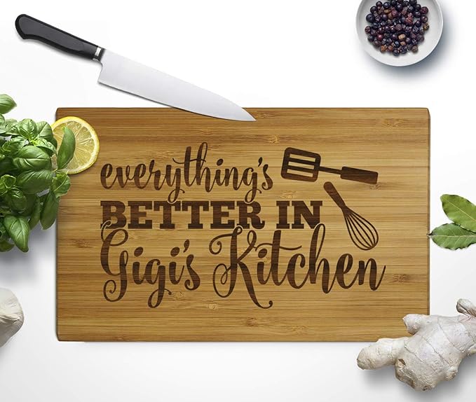 Andaz Press Laser Engraved Small Bamboo Wood Cutting Board, 9.5 x 6-inch, Everything is Better in Gigi's Kitchen, 1-Pack Grandma Mother's Day Mom's Birthday Grandma Cutting Board Grandma Gift Ideas