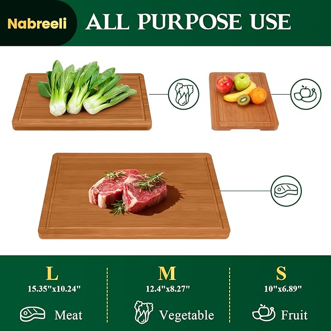 Bamboo Cutting Boards Set (3 Sizes) with Non-Slip Feet, Juice Groove & Handles - Non-Toxic Wood Chopping Boards for Meat, Veggies - Ideal Kitchen Gift for Home(S+M+L)