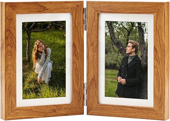 Double Hinged 4X6 Picture Frame with Real Glass-Tabletop or Wall Mounted, Display for 3X5 & 4X6 Photos (with/without Mat)-Rustic Brown, For Family Photos & Wedding Memories-Z46X2