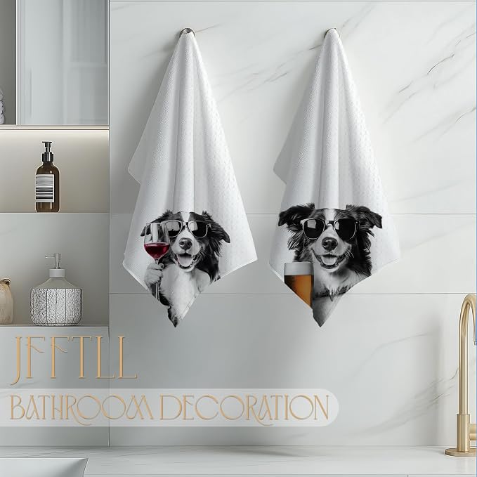 Funny Border Collie Kitchen Towels Set of 2, Funny Kitchen Decor, Wine Bar Decor, Black and White Border Collie Owner Gift Hand Towel, Dining Room Decorative Tea Towel Dish Towels 16x24 Inch