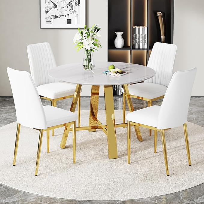 Round Dining Table Set for 4, Modern Kitchen Dining Table Chairs Set for 4, 42" Faux Marble Dining Room Table Set & 4 PU Leather Chairs for Kitchen Living Office Cafe Small Space
