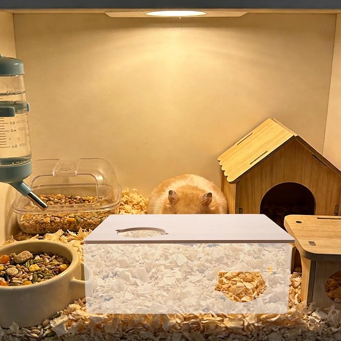 Hamster Hideout Box with 3-Chamber Acrylic Design for Small Pets Like Chinchillas and Gerbils, Multi-Chamber Resting House with Easy Maintenance and Exploration Tunnel, 11x8x4 Inch
