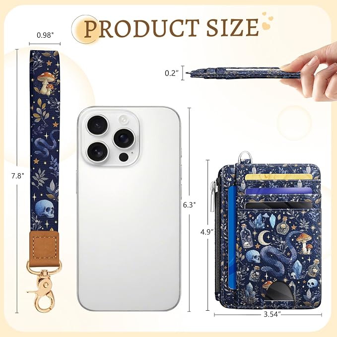 Kelvoris Credit Card Holder Small Wallet Women, Slim RFID, Mushroom Goth | Keychain, Zipper Coin Pocket, Front Pocket Thin Travel Card Case, Minimalist, 6 Card Slots, 1 ID Window, Ladies Gifts Woman