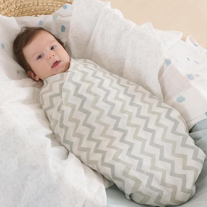 Muslin Swaddle Blankets for Boys & Girls, Receiving Baby Blanket for Newborns, Large 47 x 47 Inches, Soft Breathable Baby Swaddles, 4 Pack Stars & Striped