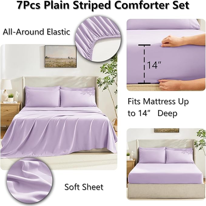 CozyLux Full Size Comforter Sets Lavender, 7 Pieces Bed in a Bag, Light Purple Comforter Full Size, All Season Bedding Sets with Stitch Quilted Comforter, Flat Sheet, Fitted Sheet, Pillowcases