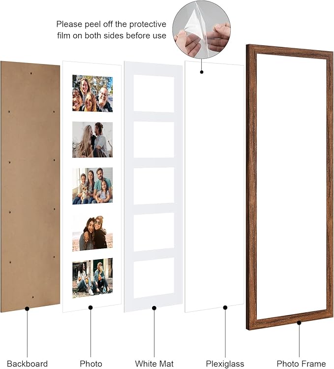 8x24 Collage frame with 5 Openings 4X6 Pictures, Multiple Picture Frame with Mat, Wall or Tabletop Decor, Carbonized Brown Wood Grain (1 Pack)