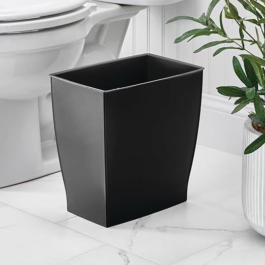 iDesign Small Plastic Bathroom Trash Can, Slim Rectangle Garbage Bin for Bedroom, Office, Dorm, 2-Pack, Black