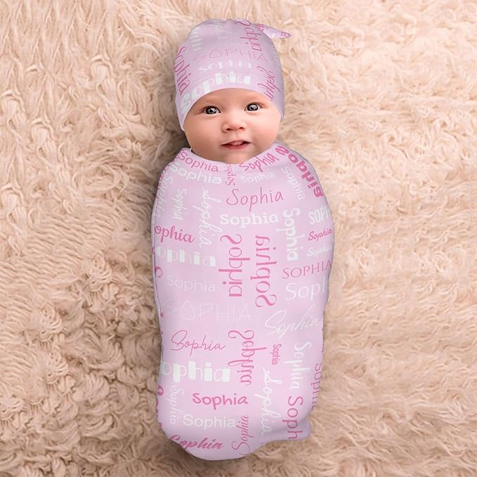 Swaddle Blanket with Hat Set Newborn Name Lettering Pink Receiving Blankets Baby Swaddle Wrap Soft Sleep Sack for Baby Boys and Girls