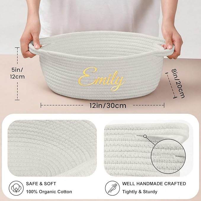 HUTARIO Personalized Woven Basket Embroidered Name with Gift Bags and Ribbons,Empty Small Rope Basket，Durable Storage Custom White Basket with Handles for Baby Showers or Christmas,12"×8"×5"