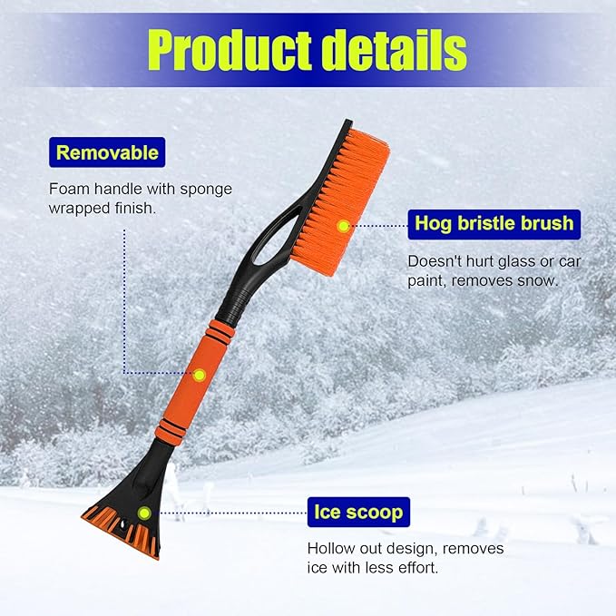24 Inch Car Snow Scraper and Brush, Detachable Scratch Free Ice Scraper with Ergonomic Foam Grip, Universal Winter Snow Removal Tool for Car Windshield Window (Orange)